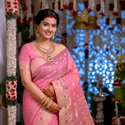 Image of Sarees for Women Wear Organza Silk Banarasi Sari Kanjivaram Soft Pure Paithani Wedding Original Kanchipuram Pattu Sadi with Blouse Piece 2026 (Gulab)