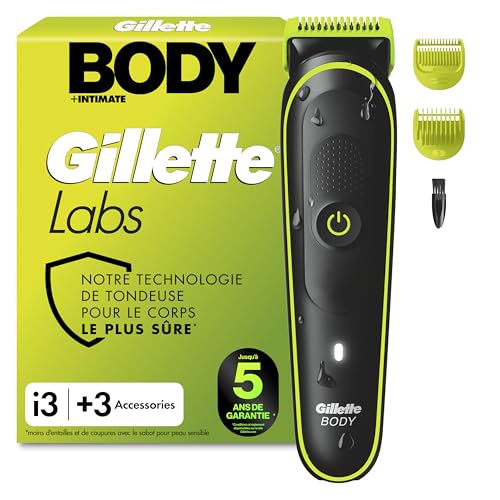 Gillette Labs Body Plus Intimate Tondeuse Homme i3, Tondeuse Corps et Zone Intime, Étanche, Coffret Homme avec 2 Sabots dont un pour Peau Sensible,...