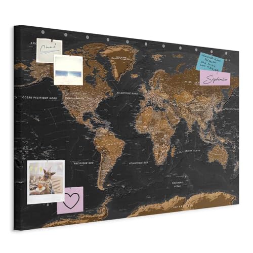 murando - Tableau à Épingles et Peinture sur Toile Combinés 120x80 cm - Avec Crochets Clous et Punaises Argentées - Panneau en Fibres pour Notes et Affichage - Carte du monde k-A-0298-v-a
