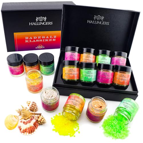 Hallingers Sales de baño clásicas – Rosa – Juego de 8 sales de baño con sales del Mar Muerto, juego de 8 sales de baño en vasos de rosca y caja (juego) – Regalo para el Día de la Madre e ideas de