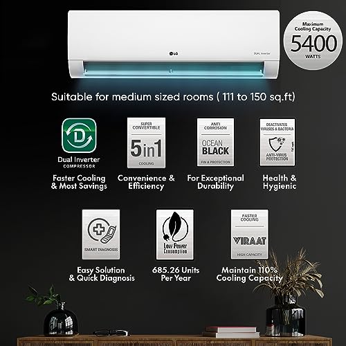 Image of LG 1.5 Ton 5 Star VIRAAT, DUAL Inverter Split AC (Copper, Super Convertible 5-in-1 Cooling, HD Filter with Anti-Virus Protection, RS-Q19BNZE, White)