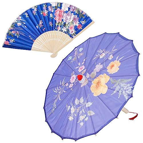 Hand Made Japanese Oriental Parasol Dancing Umbrella 22 inch with Hand held Silk Folding Fans for Kids(Blue)