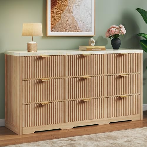Image of Fluted Dresser for Bedroom with 9 Drawers, 53'' Mid Century Modern Dressers with Faux Marble Top, Wooden Chests of Drawers with Gold Handle & Curved Profile, Closet Clothes Storage Organizer TV Stand