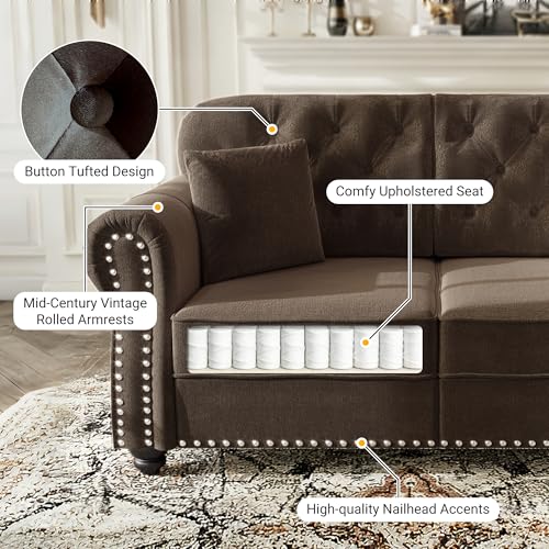 Image of KEIKI 3-Piece Chesterfield Sofa Set with 1 Velvet 3-Seater Sofa & 1 Loveseat & 1 Single Sofa, 6-Seater Couch Set with Nailhead Trim & Rolled Arms & 1 Ottoman & 6 Pillow, for Living Room, Brown