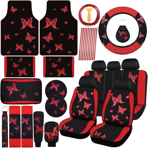 BBTO 47 Pcs Red Black Butterfly Car Seat Full Set Butterfly Car Accessories for Women 5 Front Rear Seat Covers Wrist Strap 2 Pieces Cup Mat Armrest Pad 2 Seat Belt Cover Accessories for SUV Car
