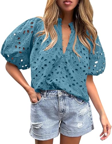BETTE BOUTIK Women's Long Short Sleeve Tops 2025 Dressy Casual Button Hollow Out Lace Embroidered Blouses Shirts