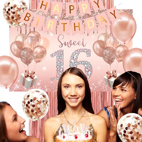 Image of Sweet 16 Birthday Decorations for Girls, banner,Backdrop, it's my 16th Birthday Sash, Sweet Rhinestone Tiara Crown,Balloons
