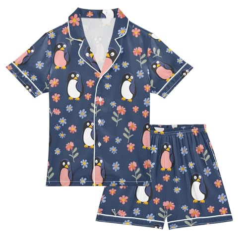 ALAZA Penguin Blossom Floral Pajamas Satin Pajama Set Short Sleeve Button Down Sleepwear