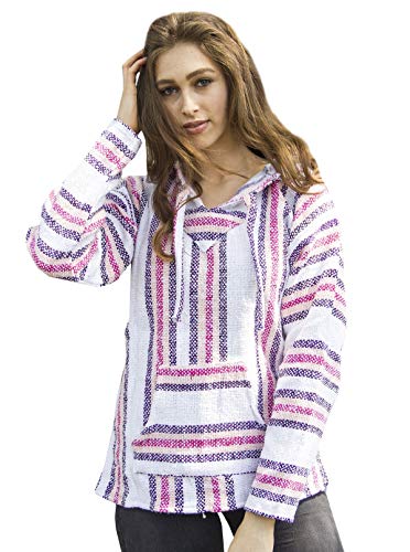 Mexican Baja Hoodie Sweater Jerga Pullover Pink Purple White (X-Large)