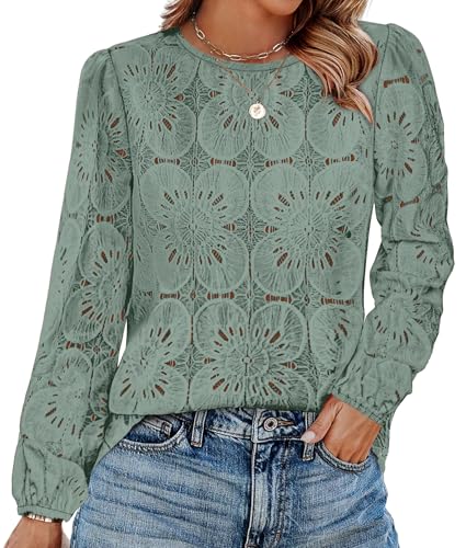 Image of OFEEFAN Blouses for Women Dressy Casual Spring Tops 2026 Summer Outfits Flower Lace Crochet Long Sleeve Shirts