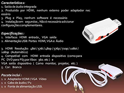 Conversor Adaptador De Vídeo Hdmi Para Vga Com Áudio Via P2