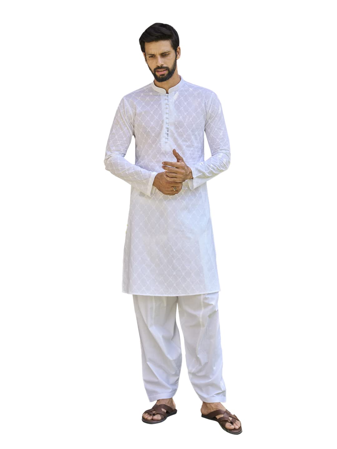 See Designs White Cotton Regular Fit Embroidered Kurta Set Mandarin Collar Long Sleeves_Sdmkt109203Xl