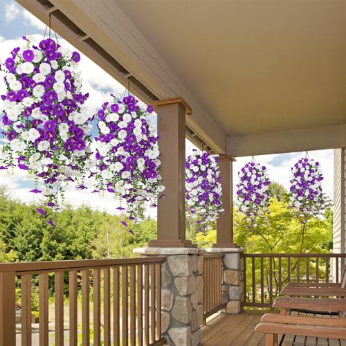 Image of Bassion 2 Packs Artificial Hanging Flowers for Outdoors, Purple White