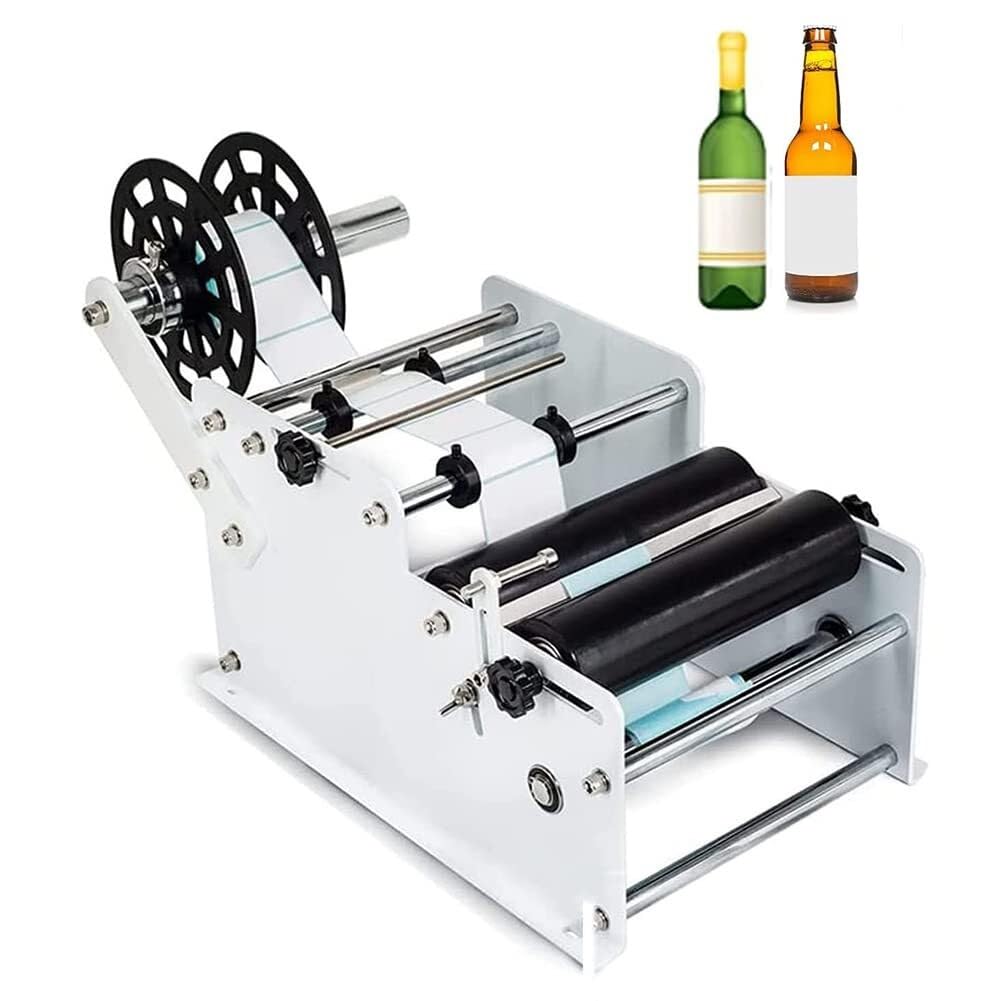 Etichettatrice manuale per bottiglie rotonde con dimensioni regolabili, applicatore di etichette adesive per bottiglie rotonde con diametro da 15 a 120 mm, macchina per imballaggio (bianca)
