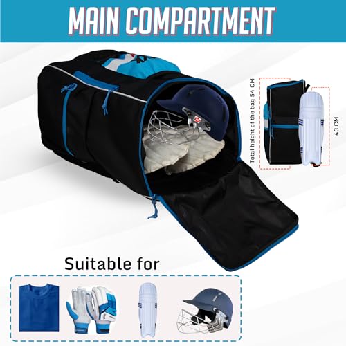 Image of WHACKK Villiers Junior Cricket Kit Bag Blue Black|51L Capacity with Bat Pocket, Mesh Pocket, Multiple Compartments & Easy Carry Design