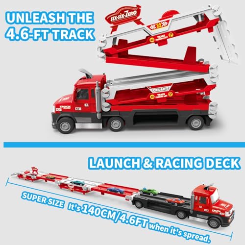 Image of Happy Hues Big Hauler Storage & Deform Truck Toy with 55 inch 2 Ejection Race Track & 6 Cars- Catapult Truck with LED Light & Music for Kids (Red)