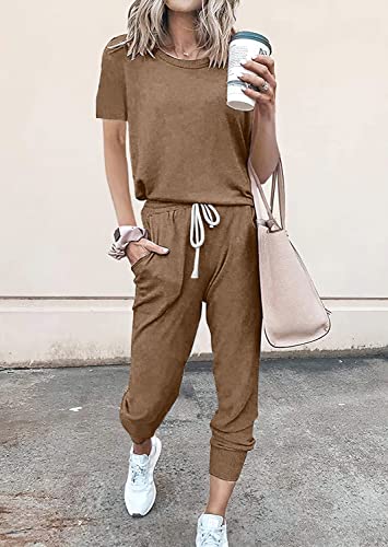 Image of PRETTYGARDEN Women Summer Two Piece Outfits Striped Short Sleeve Pullover and Long Pants Tracksuit Travel Pajama Lounge Set