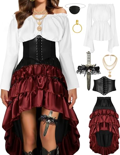 CICOCI Piratenkostüm für Damen, Renaissance-Korsett, Steampunk-Rock, Oberteil, Piraten-Zubehör, komplettes Halloween-Kostüm, Weiss/opulenter...
