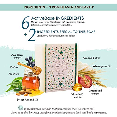 Image of Nyassa Noori Mukkhalat Handmade Soap 150 gm with a Middle Eastern fragrance and with natural ingredients like vitamin-rich acai berry extracts and almond butter.