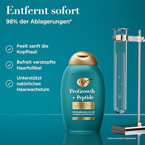 OGX ProGrowth plus Peptide Klärendes Shampoo – Sanftes, exfolierendes Kopfhaut-Shampoo unterstützt natürliches Haarwachstum durch Entfernung von Ablagerungen, mit 1,5 prozent Mandelsäure, 385ml