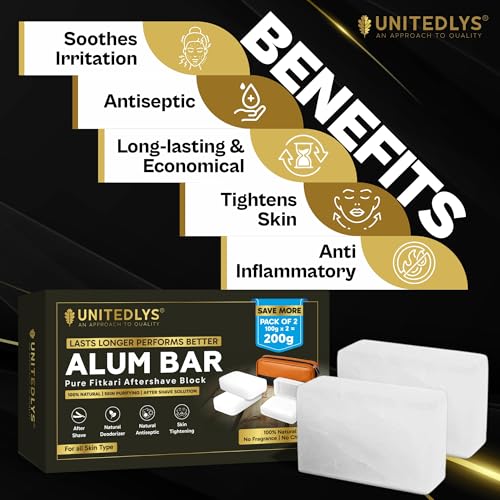Image of UNITEDLYS Pack of 2 Premium Alum Bar 200G with Travel Case | Natural After Shave Lotion Alternative | Fitkari Stone for Skin Tightening & Water Purification | Crystal White Alum Stone Bar for Underarms & Shaving | Gentle & Effective Phitkari