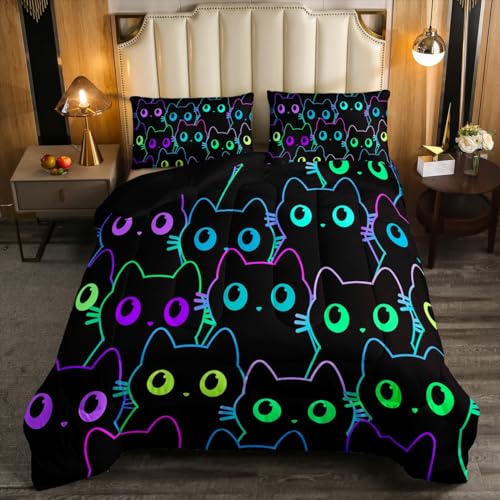 Kids Cat Comforter Set Cute Cartoon Kitten Bedding Comforter Set Gradient Simple Strokes Cat Bedding Twin for Girls Boys Kawaii Cartoon Neon Cat Duvet Set Watercolor Animal Theme Down Comfor