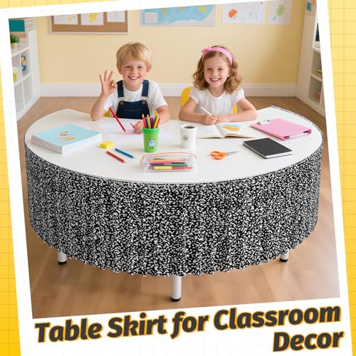 Image of 9FT Ruffle Black and White Table Skirt Teacher Desk Skirt for Composition Notebook Classroom Decor Rectangle Table Cloth Desk Cover for Back to School Party Supplies Dorm Office Bookcase Cabinet