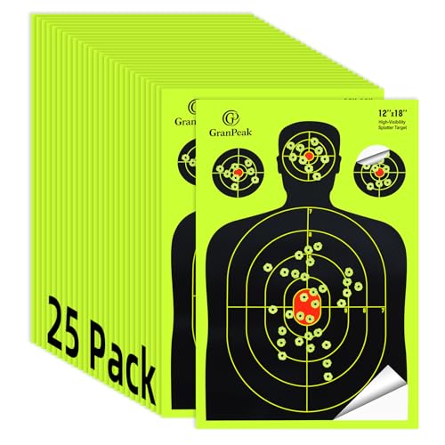 GranPeak 12 x18 inch Silhouette Splatter Targets Adhesive Shooting Targets Shots Burst Bright Fluorescent Yellow Great for All Firearms (25 Pack)