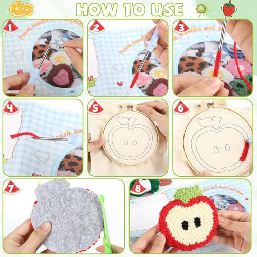 Image of Justforjoyful 6 Set Punch Needle Embroidery Coasters Craft Kits Punch Needle Refrigerator Magnets Kit Tool Threader Fabric for Christmas Winter Beginners Adults DIY Handmade Gifts Party(Fruit)