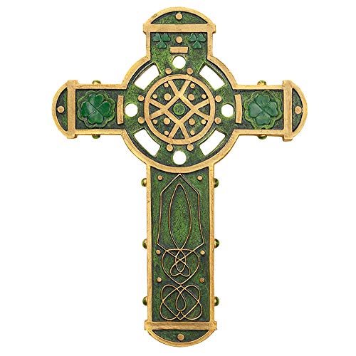 Elysian Gift Shop Irish Green with Gold Accents Celtic Wall Cross with Shamrock and Celtic Knot Designs (9 Inch)