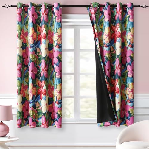 Vibrant Hot Pink Floral Blackout Curtains 54 Inch Length Light