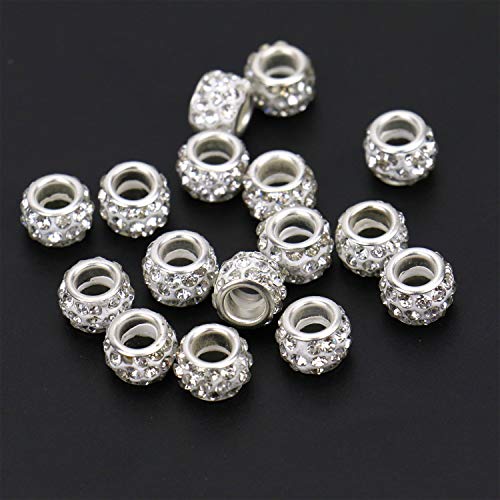 JETEHO 100Pcs Crystal Rhinestone European Beads, Large Hole Rondelle Spacer Beads Fit European Bracelet Snake Chain Charms Bracelet (White)