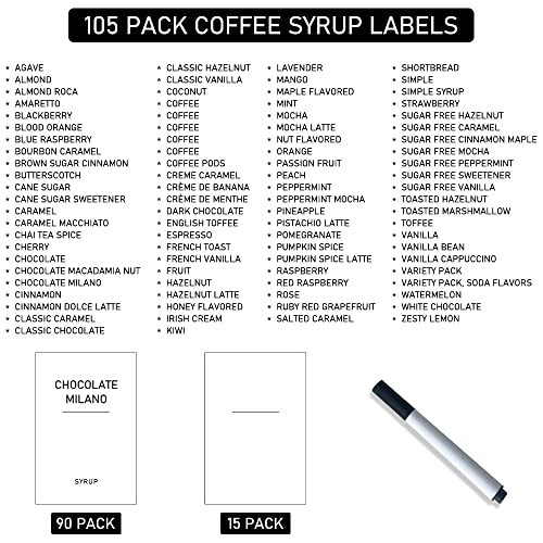 105Pcs Coffee Syrup Labels For Coffee Bar Jar & Coffee Syrup Dispenser Bottles, 90Pcs Preprinted Black All Caps On Matte White Vinyl Label Stickers For Coffee Syrup Bottles And 15Pcs Blank Stickers #TOP1
