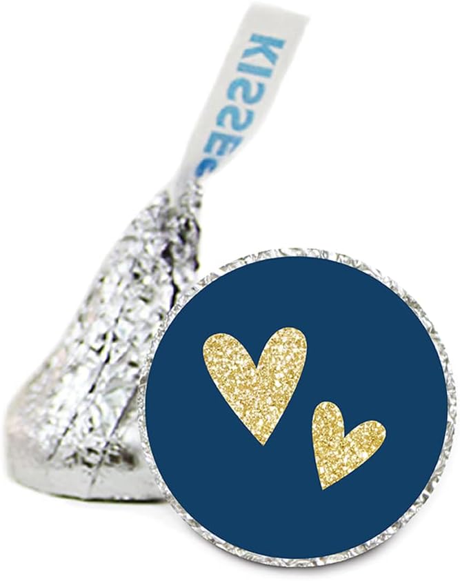 Andaz Press Chocolate Drop Labels Stickers Single, Wedding, Double Hearts Navy Blue and Faux Gold Glitter, 216-Pack, for Kisses Party Favors, Gifts, Decorations