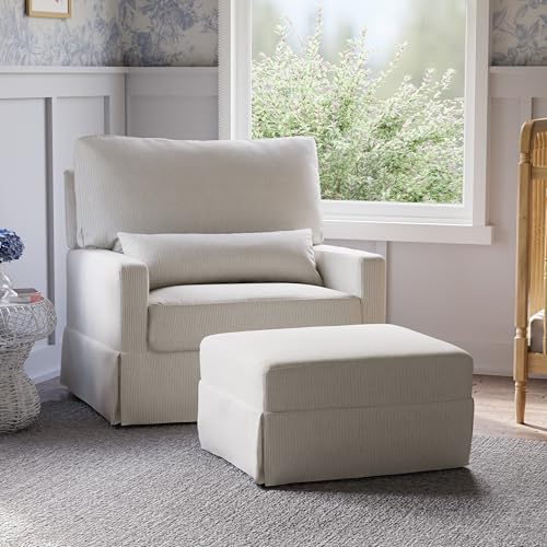 Image of Namesake Crawford Pillowback Chair and a Half Comfort Swivel Glider in Fog Chatham Stripe Performance Eco-Weave, Water Repellent, Greenguard Gold & CertiPUR-US Certified