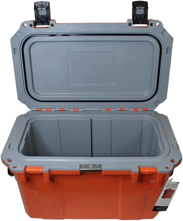 K Tool International XD70 Xtra-Cool Insulated Cooler, 70 Quart, Polypropylene, (4) Cup Holders with Drainage, Stainless Steel Bottle Opener, Side Handles, Non-Skid Rubber Feet, BPA Free, Orange/Grey