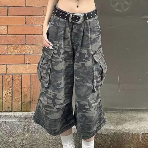 Summer Vintage Camo High Waisted Baggy Wide Leg Jeans Unisex Work Pocket Cargo Capris Short Pants for Women4