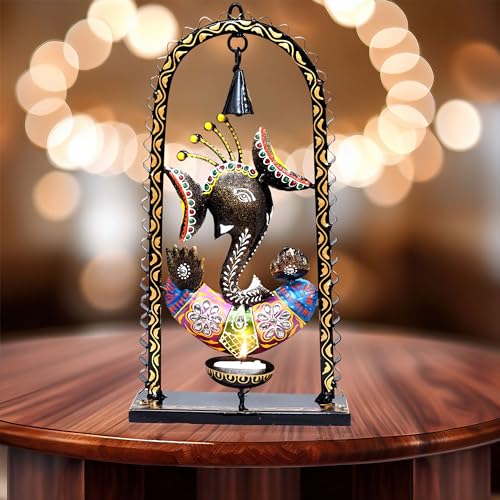 Image of KRAFTSKALA Ganesh Tea Light Candle Diya with Ringing Bell Decorative Metal Statue Showpiece for Living Room Home Decor, Tabletop, Diwali Gift
