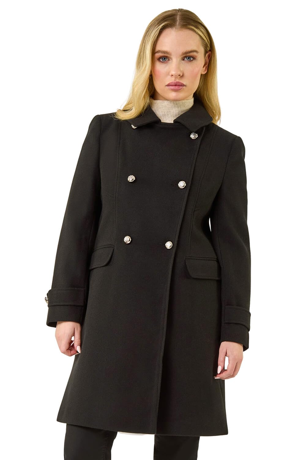 Roman Petite Women's Black Double Breasted Military Coat Size 10
