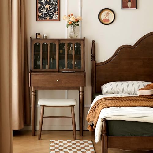 YESWOOD Vintage Vanity Desk, Solid Rubber Wood Dressing Table, Vintage Dressing Table Vanity Desk for Bedroom, Walnut, 23