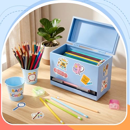 MorningRo 3 Pack Pencil Dispenser for Classroom Stainless Steel Classroom Pencil Holder with Sticker for Desk Student Back to School Teacher Must Have Preschool Kindergarten Supplies(Light Blue) - Image 3