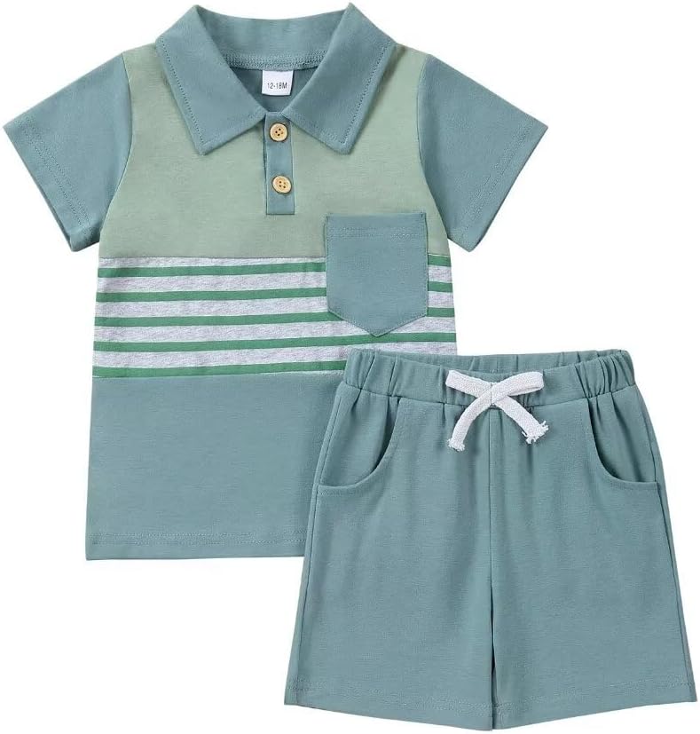 Baby Boy Clothes Toddler Boys Summer Outfits Short Sleeve Button Down Patchwork Top T-Shirt & Shorts Set 2PCS