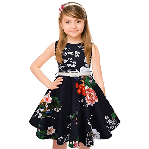 Girls Vintage Dresses Girls' Special Occasion Dress 50S Retro Kids Dresses Swing Rockabilly Sleeveless, Navy Floral, Size 12 #TOP1