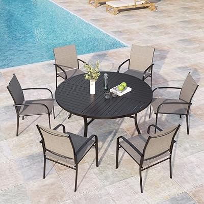 MIXPATIO 7 Pieces Outdoor Table and Chairs, Patio Dining Set for 6 Includes 54" Round Outdoor Table and 6 Patio Chair Set, Outdoor Dining Furniture Set for Lawn Backyard Deck, Brown