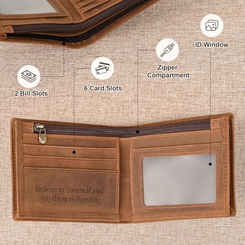 Onedor Leather Wallet for Men, Personalized Custom Mens Wallet, RFID Blocking, Bifold Wallet with ID Windows, Zipper Compartment, 6 Card Slots, 2 Bill Slots, Customized Gift for Him (Light Brown)2