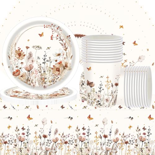 Set de vajilla para fiestas de otoño con flores silvestres de 61 piezas, fiesta de cumpleaños de otoño, vajilla para fiesta infantil de otoño, incluye vasos de papel, servilletas de papel, platos y