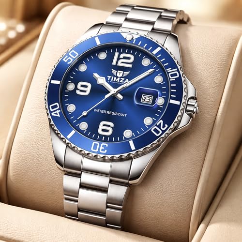 Image of Men's Analog Quartz Watch with Blue Dial, Stainless Steel Strap, Rotating Bezel, Luminous Hands and Water Resistant Design