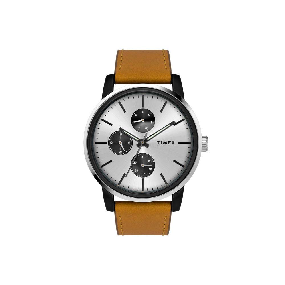 TIMEXAnalog Watch for Man with Silver Round Dial & Tan Leather Strap Band Water Resistant Men's Wrist Watches - TWEG18901
