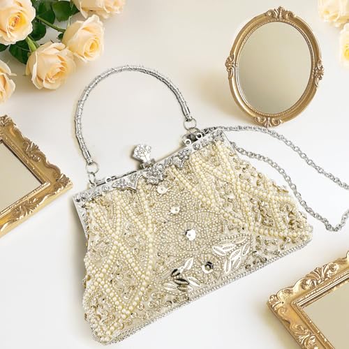 Image of WRINGKIT 1920s Vintage Evening Bag, Champagne Beaded Clutch Purse for Woman, Elegant Rhinestone Clutch Crossbody Bag with Sequin Pearl, Evening Handbag Shoulder for Formal Bridal Wedding Party Prom