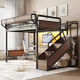 Bellemave Queen Loft Bed with Desk & Pegboard, Metal Loft Bed Frame with Storage Stairs, Wardrobe & Beside Shelf, Heavy Duty Loft Bed Queen Size with Charging Station & LED Lights, Black